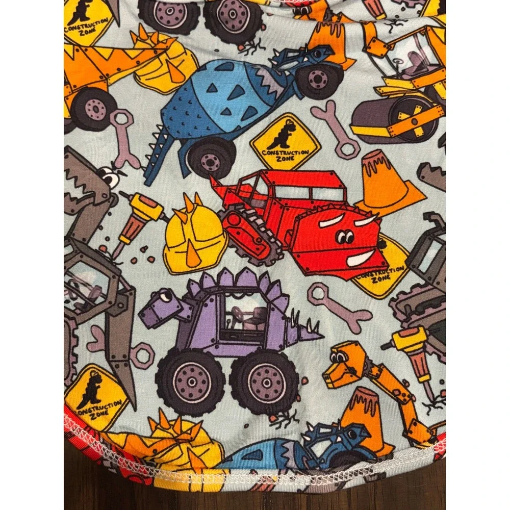 Dinosaur Construction Zone Baby Bib Blue Red Yellow Snap Closure Print